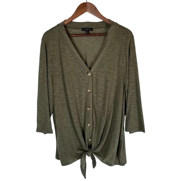 Lane Bryant Women's Button Front Tie Bottom Olive Green 3/4 Sleeve Top - Picture 1 of 12